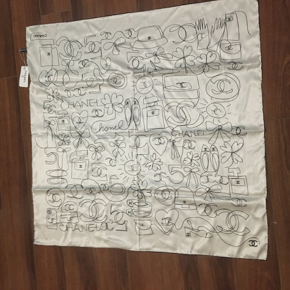 Chanel Black & White Doodle Square Silk Scarf (84 cm x 84 cm)